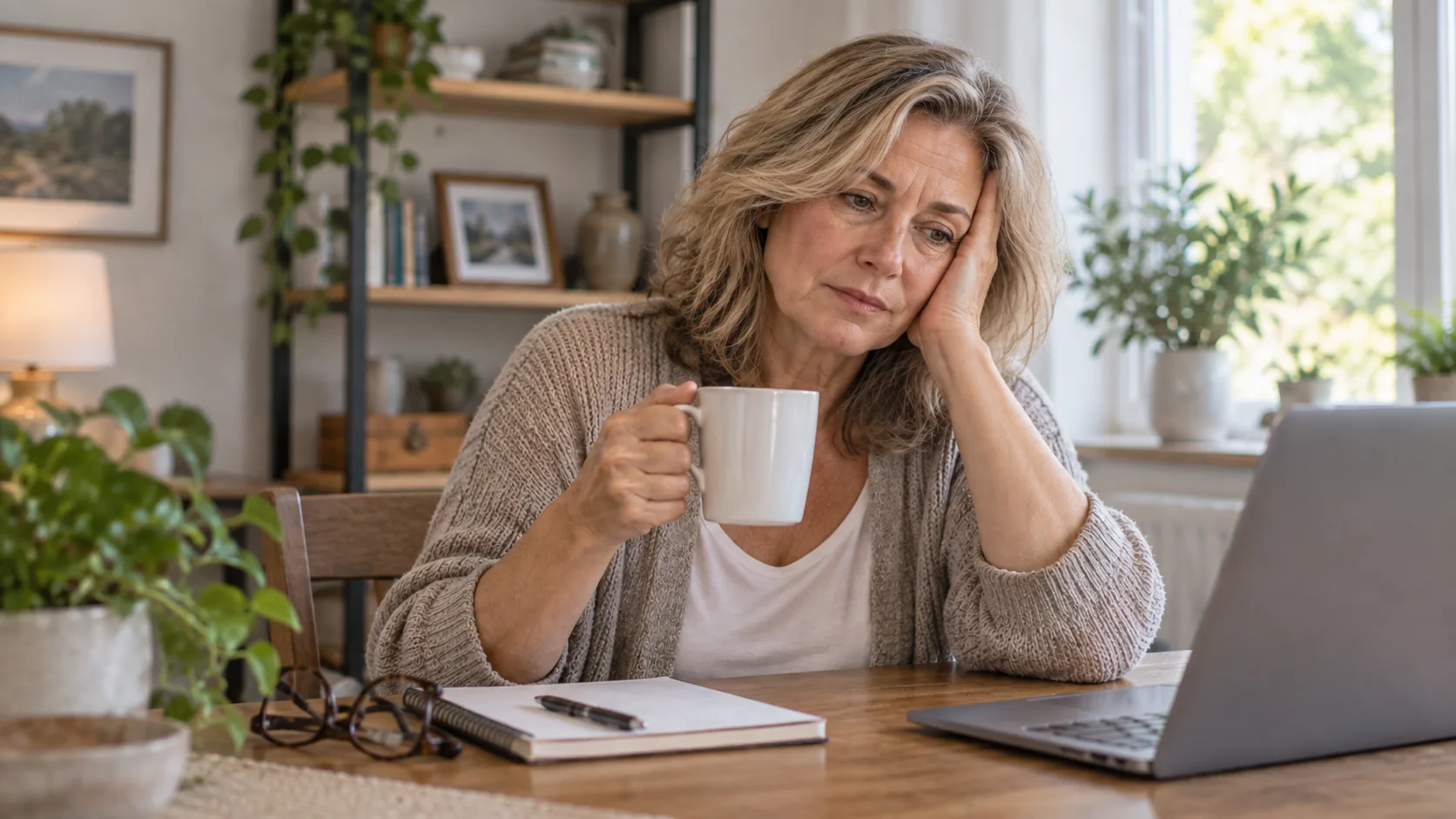 Woman in her 50s or 60s holding a coffee mug at home.